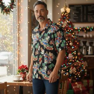 J&DHUASHA Men's Hawaiian Santa Claus Button Up Short Sleeve Shirt Large